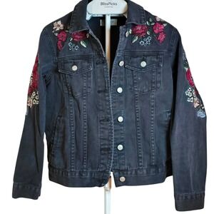 Women's Black Denim Embroidered Floral Jean Jacket Trucker Boho PacSun Festival